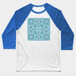 Colored Crayon Floral Pattern in Teal & White Baseball T-Shirt